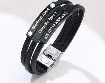 Personalised Medical Alert Bracelet Engraving Stainless Steel ID Name Name ICE Engraved Customised Leather