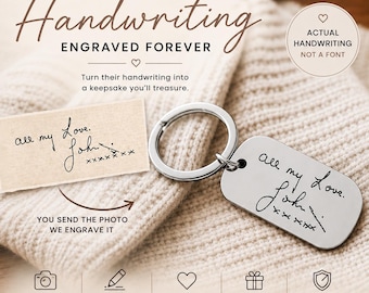 Personalised Actual Handwriting Keyring, Engraved Handwritten Message, Memorial Keepsake Gift for Mum Dad, Signature Keychain