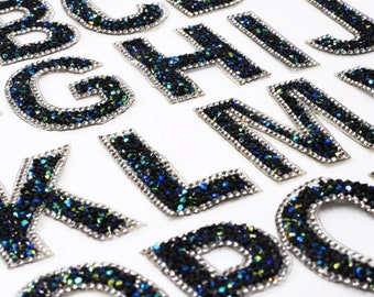 Grand patch de lettres scintillantes en strass bleu océan, patchs à repasser sur vêtements brodés de l'alphabet