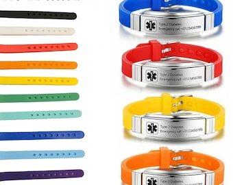 Bracelet d'alerte d'identification médicale personnalisé enfants/adultes personnalisé pour la gravure de silicone en acier inoxydable