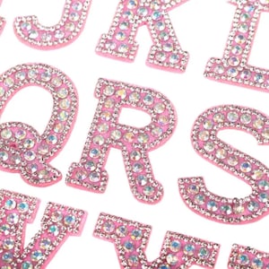 Patches de letras rosa strass ferro/costura em roupas bordadas de alfabeto prata