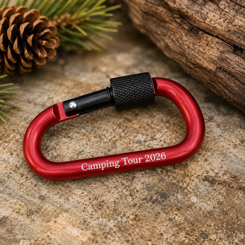 May include: A red aluminum carabiner with a black screw-gate locking mechanism. The metal frame features the white engraved text "Camping Tour 2026" along the bottom curve. The carabiner has a smooth, matte finish and a functional spring-loaded gate.