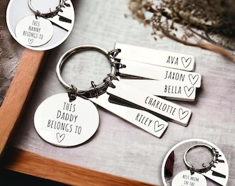 Fathers Day Gift Present Dad Daddy Mummy Belongs To Family Keyring Set - Nanny, Mum, Mom  Car Drive Personalised Name Tags  |  Engraved
