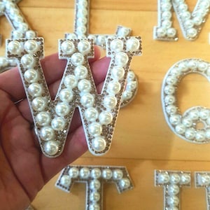 Large White Pearl Gold Rhinestone Sparkle 6.7cm Letter Patches Sew on / Iron on Alphabet Embroidery Clothes