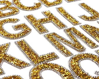 Grand écusson de lettres scintillantes en strass doré patchs fer sur broderie alphabet