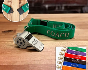 Personalised Coach Whistle Engraved Silver Metal Referee Sports Lanyard Rugby Customised Football Father's Day Teacher Gift