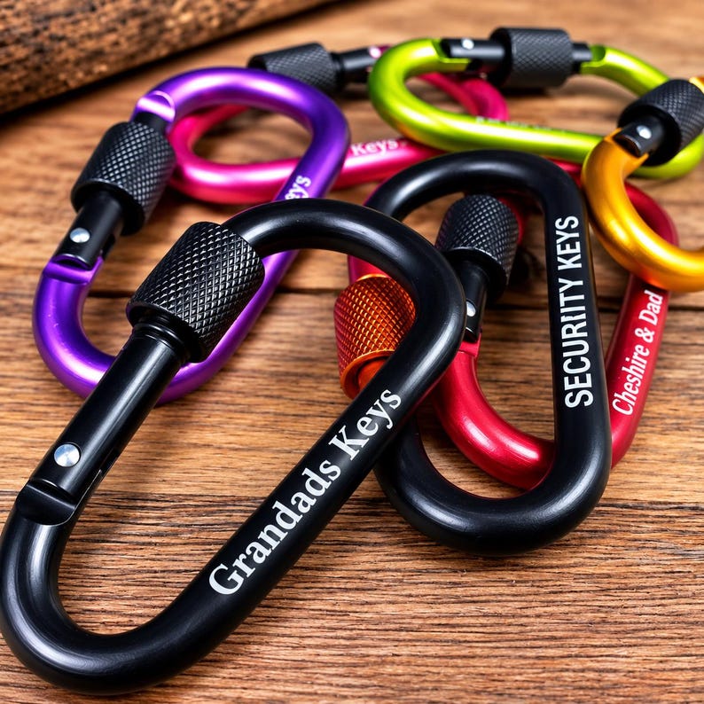 May include: A collection of colorful metal carabiners with screw-lock gates. The black carabiners feature white text reading Grandads Keys and SECURITY KEYS, while a red one is engraved with Cheshire & Dad. The set includes purple, lime green, and gold.