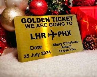 Tarjeta de acero inoxidable con billete dorado personalizado, idea de regalo de Navidad, billete de avión grabado sorpresa para las fiestas.