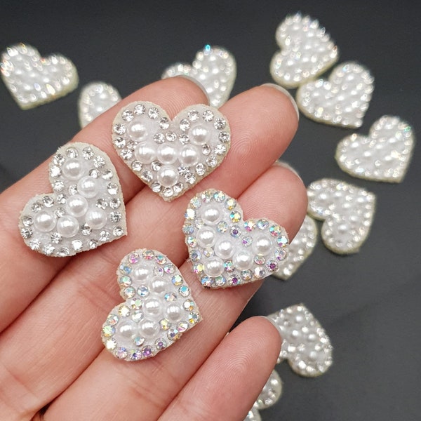 2 x Pearl  Rhinestone Heart Love Silver AB Gold Pink Patch Patches Iron on Alphabet Embroidery Clothes