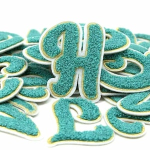 Parches de letras de chenilla verde/dorado para planchar o coser, bordados del alfabeto