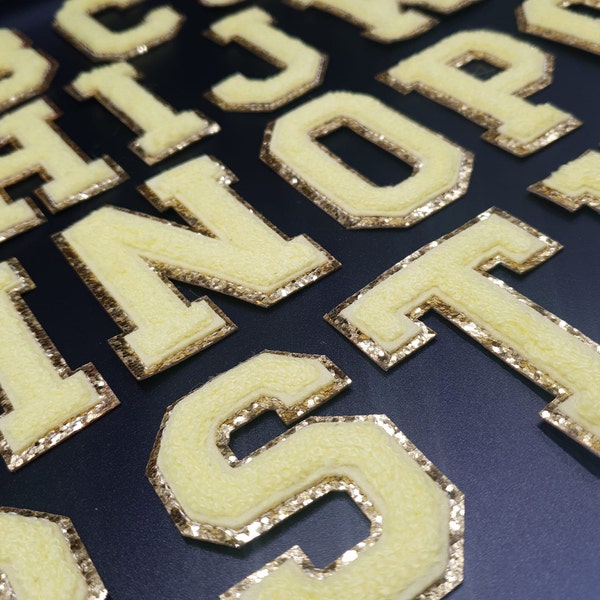 6,2cm Gelb Chenille Aufnäher Buchstaben Patches Aufbügeln / Aufnähen Retro Alphabet Gold