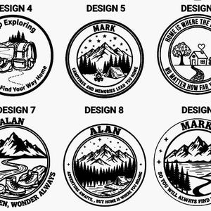 Op de afbeelding: Zes cirkelvormige zwart-wit grafische ontwerpen met outdoor-thema's. De ontwerpen bevatten bergen, bossen, tenten, wandelschoenen en rugzakken met teksten zoals Keep Exploring, Mark, Alan, Home Is Where The Heart Is en Wander Often.