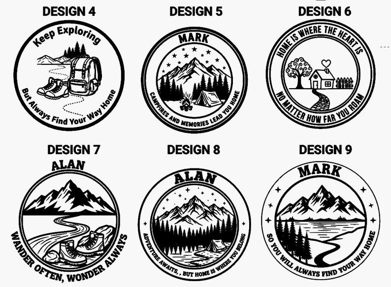 Op de afbeelding: Zes cirkelvormige zwart-wit grafische ontwerpen met outdoor-thema's. De ontwerpen bevatten bergen, bossen, tenten, wandelschoenen en rugzakken met teksten zoals Keep Exploring, Mark, Alan, Home Is Where The Heart Is en Wander Often.