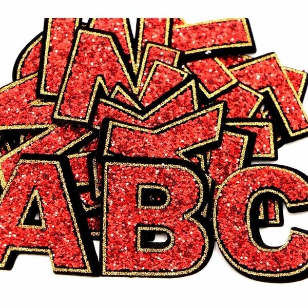 Red Sequin Letter Patch Patches Iron on / Sew on Retro Alphabet Embroidery Clothes