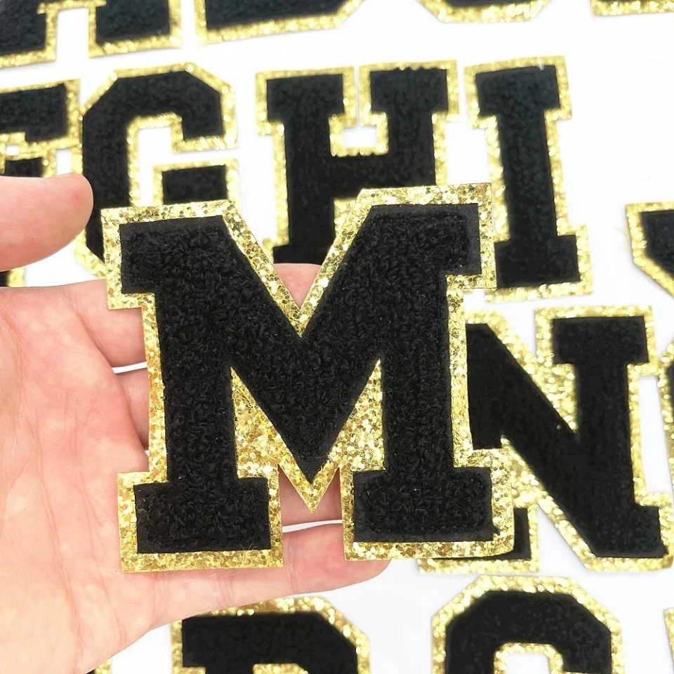 Black Chenille Iron On Gold Glitter Letter Patches