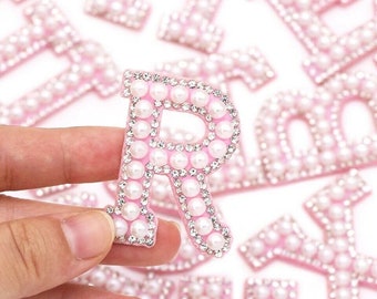 White Pearl Pink Rhinestone Iron-On 4.6cm Letter Patches Alphabet Sparkle Embroidery Clothes