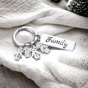 Personalised Family Keyring Set: Engraved Stainless Steel Gift, Mum, Dad, Kids, Dog & Cat Charms