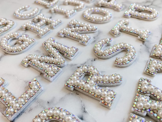 26 Piece Pearl Iron on Letter Az White Rhinestone Pearl Bling Patch Glitter  Sew on Alphabet Applique English Letter for DIY Craft Supplies(White,1.85
