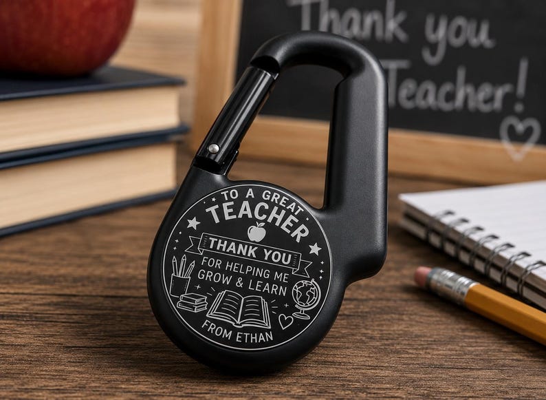 Op de afbeelding: Een zwarte karabijnhaak met een rond middenstuk voorzien van een witte gravure met de tekst TO A GREAT TEACHER THANK YOU FOR HELPING ME GROW & LEARN FROM ETHAN, vergezeld door iconen van een appel, potloden, boeken, een wereldbol en een hart.
