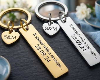 Llavero personalizado "Empezó con un mensaje", con fecha e iniciales personalizadas, regalo para parejas, regalo de San Valentín, llavero de aniversario.