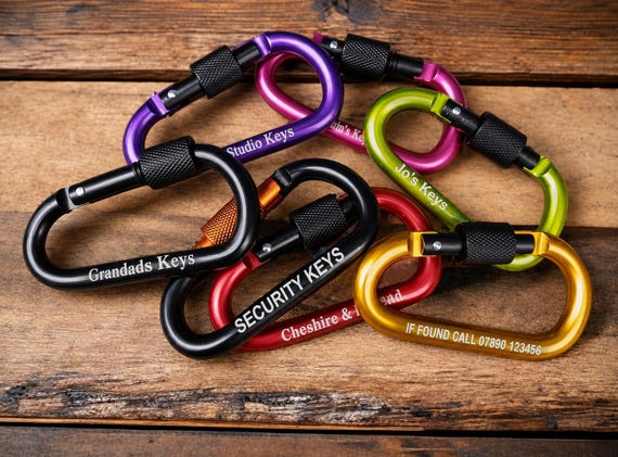 Personalised Locking Carabiner: Engraved Name/Icon, Hiking, Camping, Wedding or Party Favour