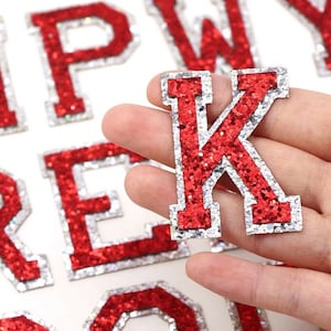 Parches de letras con lentejuelas rojas y plateadas para planchar, parche bordado con purpurina para ropa
