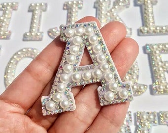 Blanc perle AB strass scintillant 4,6 cm lettres patchs à coudre/repasser alphabet broderie vêtements