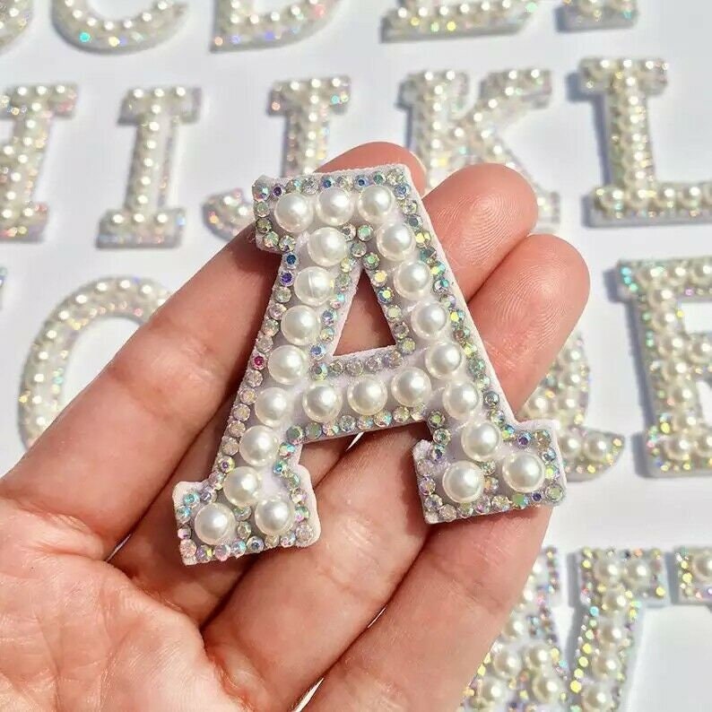 White Pearl AB Rhinestone Sparkle 4.6cm Letter Patches Sew on / Iron on Alphabet Embroidery Clothes image 1