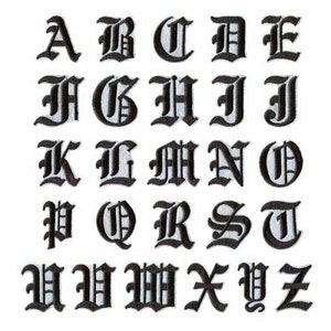 May include: Black and white old English alphabet letters. Each letter is embroidered on a white background.