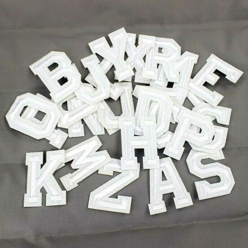 Iron on Letter Patches white 26Pieces Creative Fashion Alphabet Sewing on  Appliques Embroidered Letters Decorate Repair Patches for Hats Shirts Jeans  Shoes