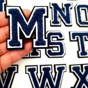 Parches de letras y números de chenilla 3D de 5 cm de calidad azul marino, tamaño grande, para planchar en toallas, coser en ropa con bordado del alfabeto
