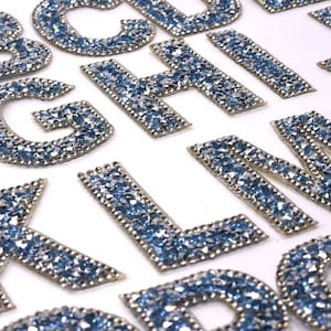 Blue Large Rhinestone Sparkle Letter Patch Patches Iron on Alphabet  Embroidery Clothes 