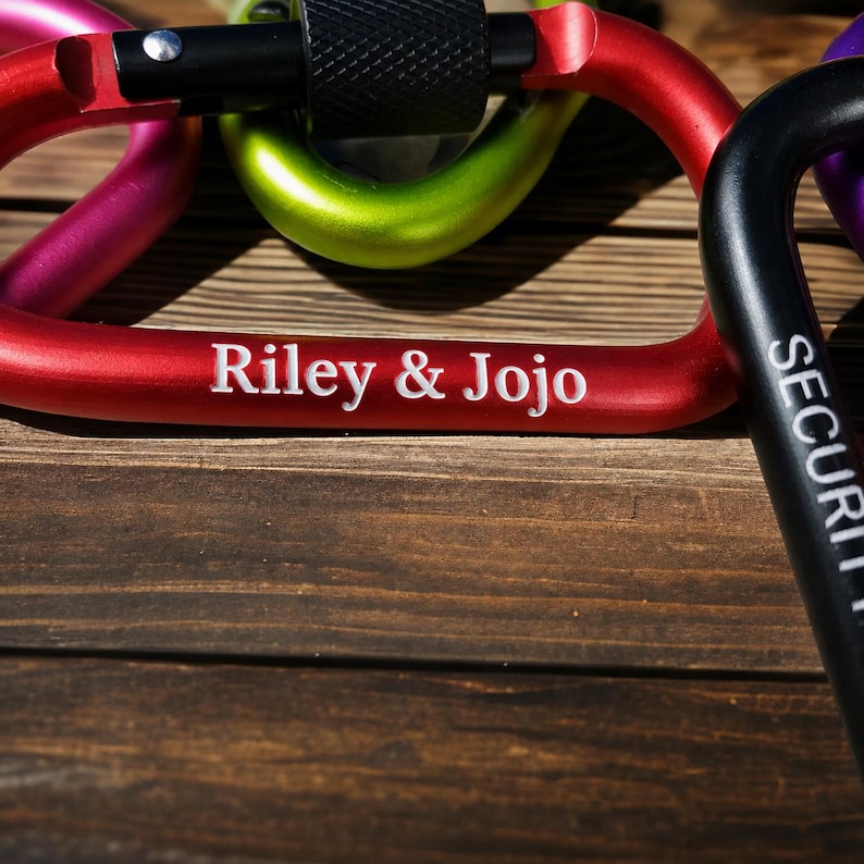 May include: A red metal carabiner with a black locking gate and the white engraved text Riley & Jojo, positioned alongside a lime green carabiner and a black carabiner with the partial white text SECURITY visible on the side of the frame.