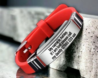 Personalised Child ID Bracelet – Custom Engraved Safety Wristband, Medical Alert, ICE, School Trip, Lost Child, Emergency Contact Band