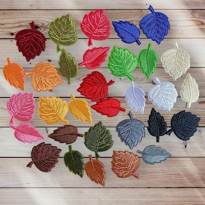 Può includere: Una collezione di 30 toppe ricamate a forma di foglia colorate in varie tonalità di rosso, verde, blu, arancione, giallo, marrone, rosa e bianco. Le toppe sono disposte in cerchio su una superficie di legno.