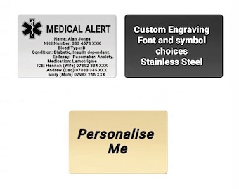 Customised Personalised Engraved ID Medical Alert Card Stainless Steel Name