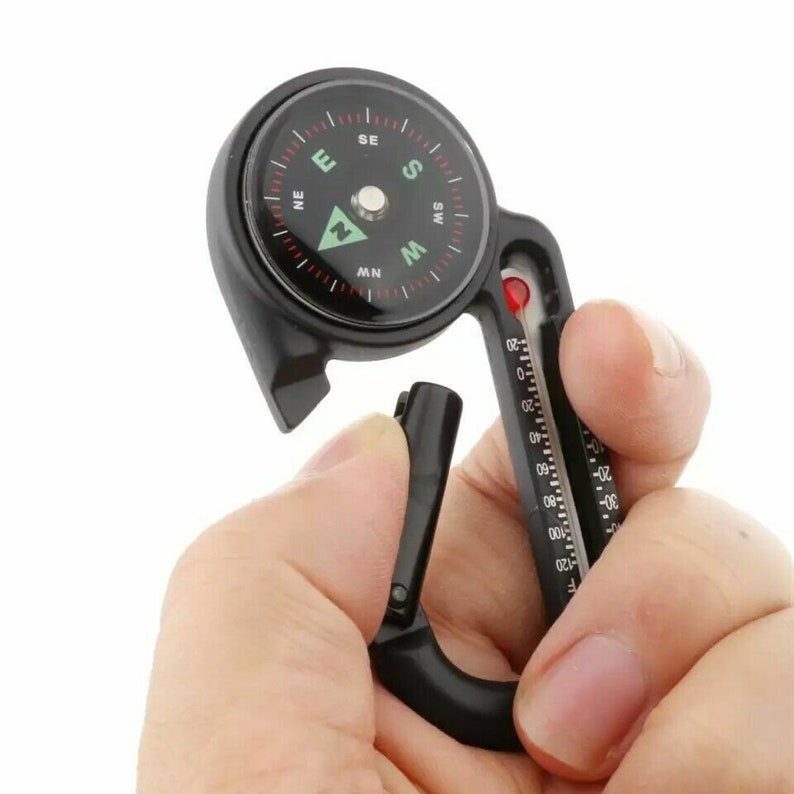 Gepersonaliseerde kompaskarabijnhaak, gegraveerd wandelaccessoire, campingsleutelhanger met thermometer, outdooravontuurcadeau voor wandelaar of reiziger afbeelding 17