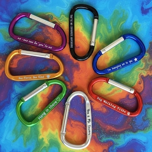Può includere: Una collezione di moschettoni colorati in viola, nero, blu, rosso, arancione, verde e argento. Ogni moschettone ha un cancello argentato e presenta un messaggio inciso, come "You're my favourite adventure" e "Dog Walking Tribe."