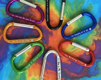 Personalised Carabiner Clip: Engraved Aluminium Keyring Gift- Travel Accessory, Custom Name, Packs of 2/5