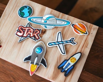 Space Theme Patches Plane Planet Star Rocket Patch Iron on / Sew on Retro Alphabet Embroidery Clothes