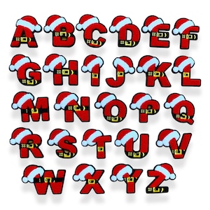 May include: A complete alphabet of red letters, each decorated with a Santa hat and a black belt with a gold buckle. The letters are arranged in rows and columns against a white background, ideal for festive projects.