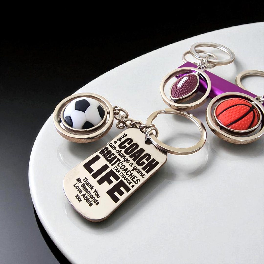 Personalised Coach Keyring: Engraved Stainless Steel Sports Ball Charm ...