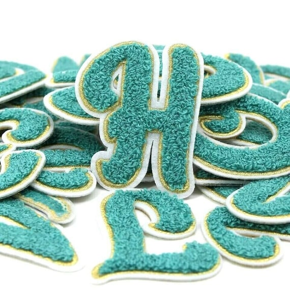 Green / Gold Chenille Letter Patch Patches Iron on / Sew on