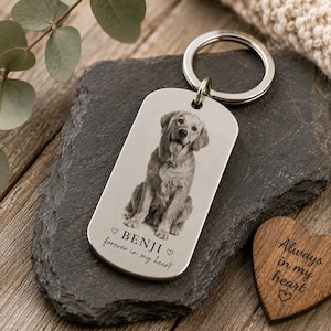 May include: A silver-toned metal rectangular keyring featuring an engraved portrait of a dog. Below the dog, the text reads BENJI with a heart symbol on each side, followed by the phrase forever in my heart in a cursive script font.