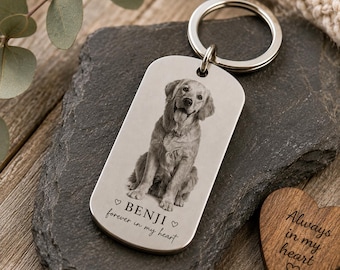 Personalised Pet Memorial Keyring, Dog Photo Engraved Keyring, Custom Pet Portrait, Pet Loss Bereavement Gift, Dog Cat Memorial Keepsake