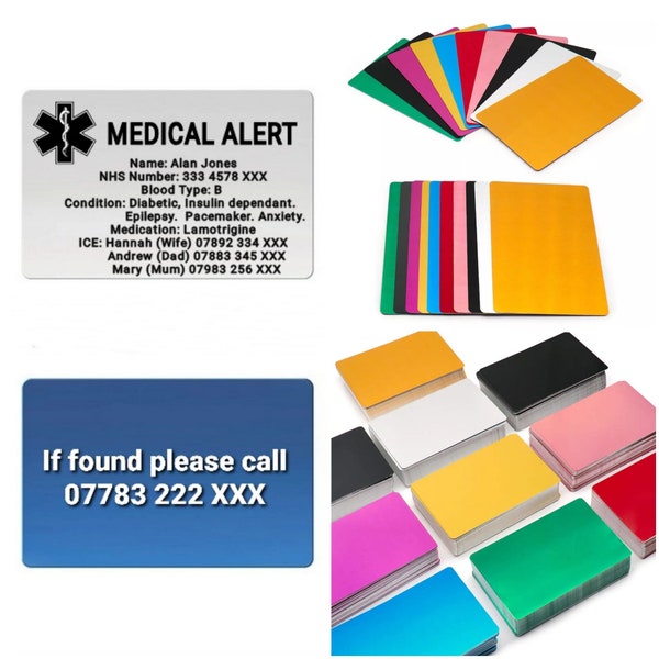 Customised Personalised Engraved ID Medical Alert Card Aluminium Name Info Provider