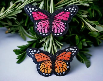 Butterfly Embroidered Iron on 8cm Pink Orange Patch Patches Towel Clothes Applique