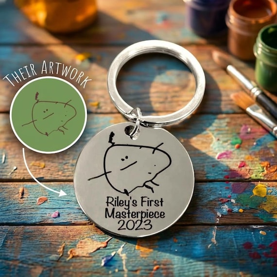 Child's Kids Drawing Engraved Keyring - Personalised Mummy Daddy Mother's Day Photo Keepsake - Handmade Laser Engraved Personalized