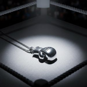 Puede incluir: Colgante de guante de boxeo plateado sobre una cadena, apoyado sobre una superficie gris. El guante tiene el texto "Andrew Born to Fight". El colgante est&aacute; en un entorno de ring de boxeo, con cuerdas y un foco.