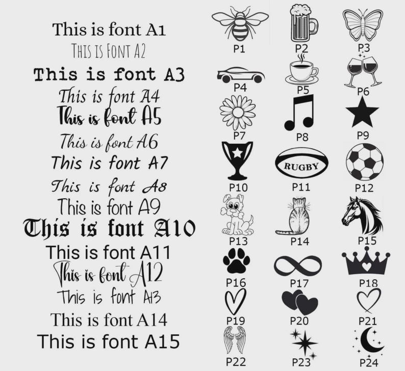 Op de afbeelding: Een overzicht met vijftien verschillende zwarte letterstijlen gelabeld van A1 tot A15, elk met de tekst This is font gevolgd door het nummer. Rechts staan vierentwintig zwarte grafische iconen in kolommen, gelabeld van P1 tot P24.